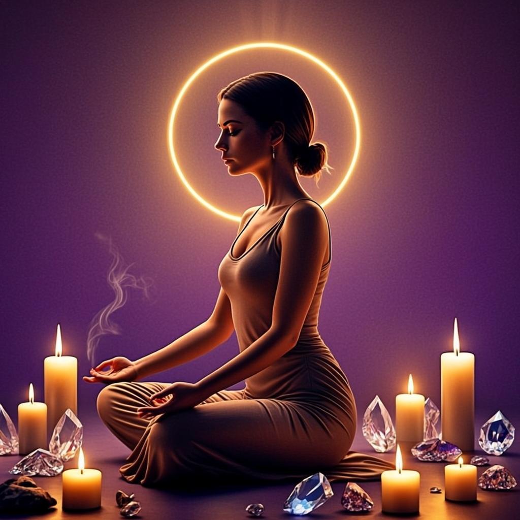 Voyante en méditation avec halo doré et bougies