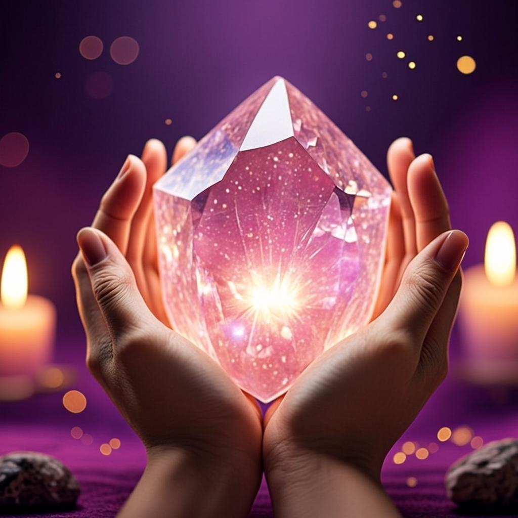Mains tenant un cœur de cristal rose lumineux