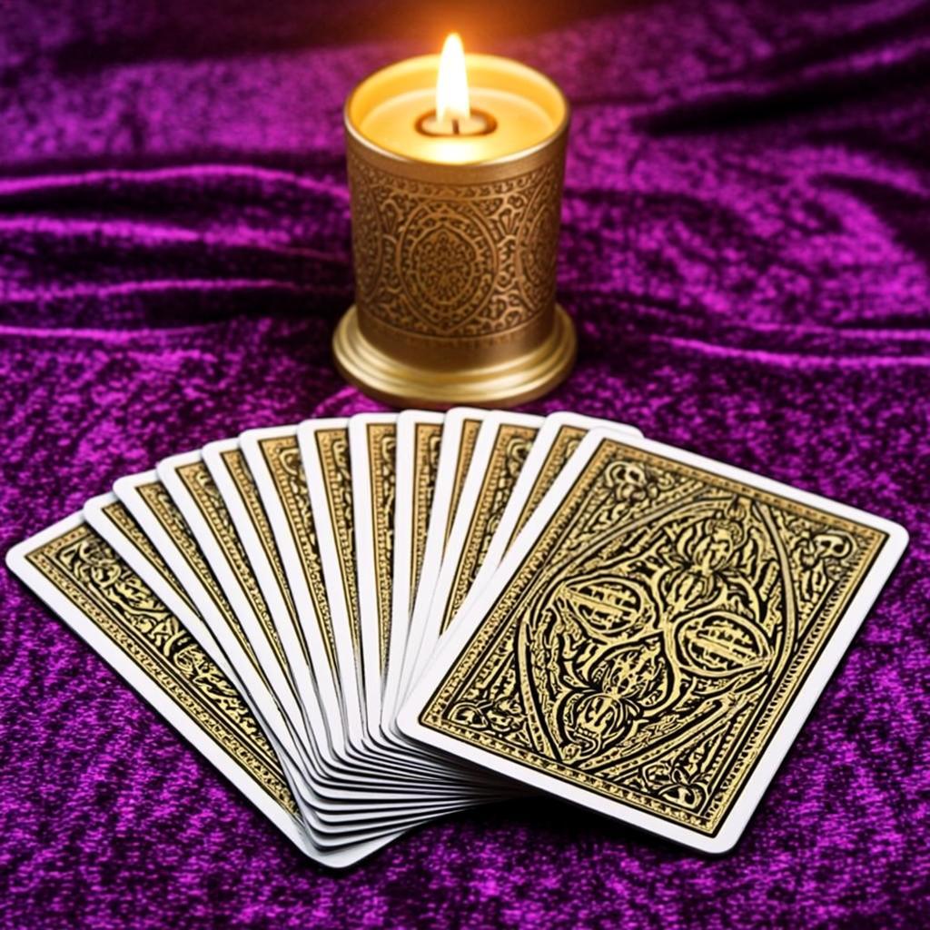 Cartes de tarot étalées sur velours avec bougie dorée
